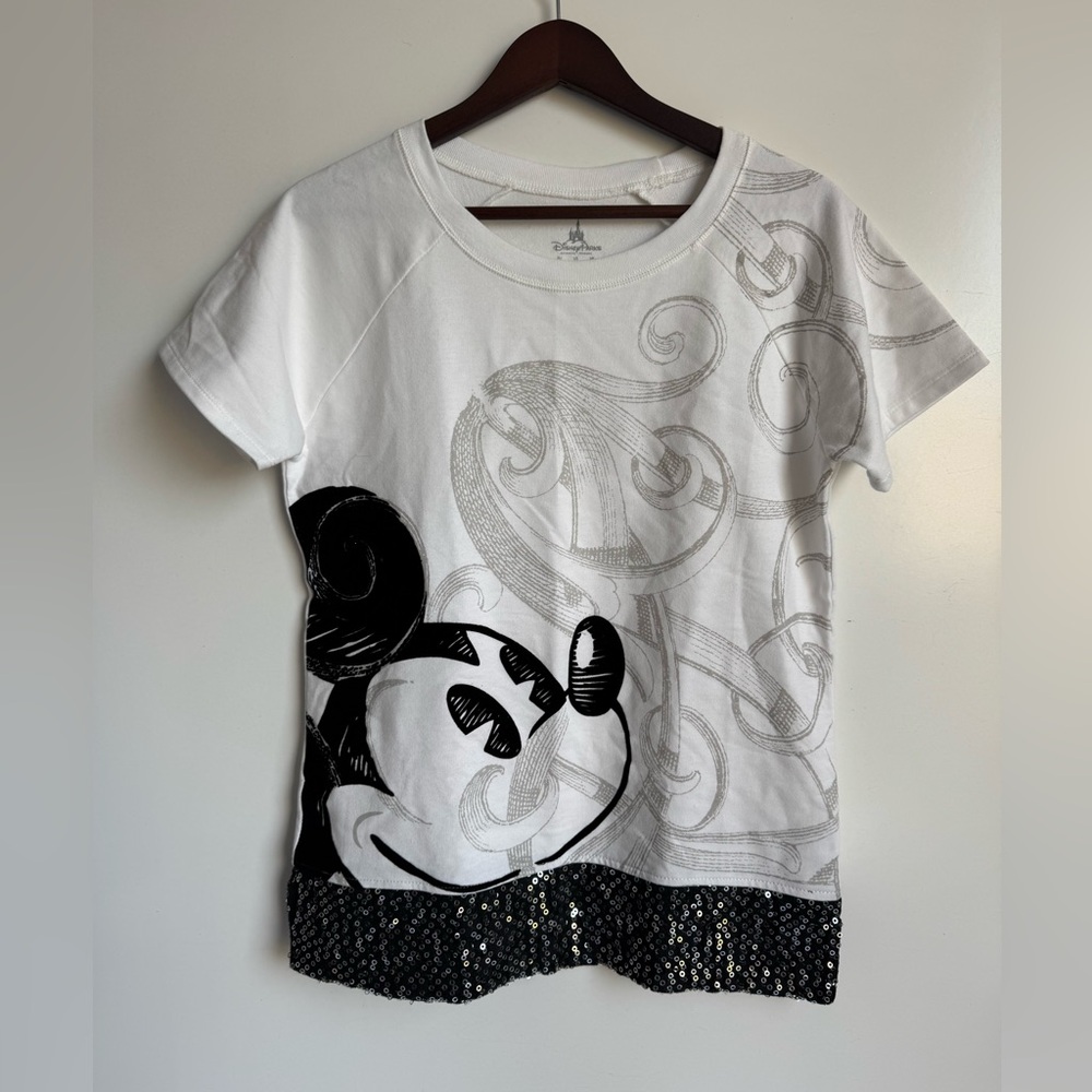 Disney Parks Women Small Mickey Mouse Black Sequin Sparkle Cotton Oversized
